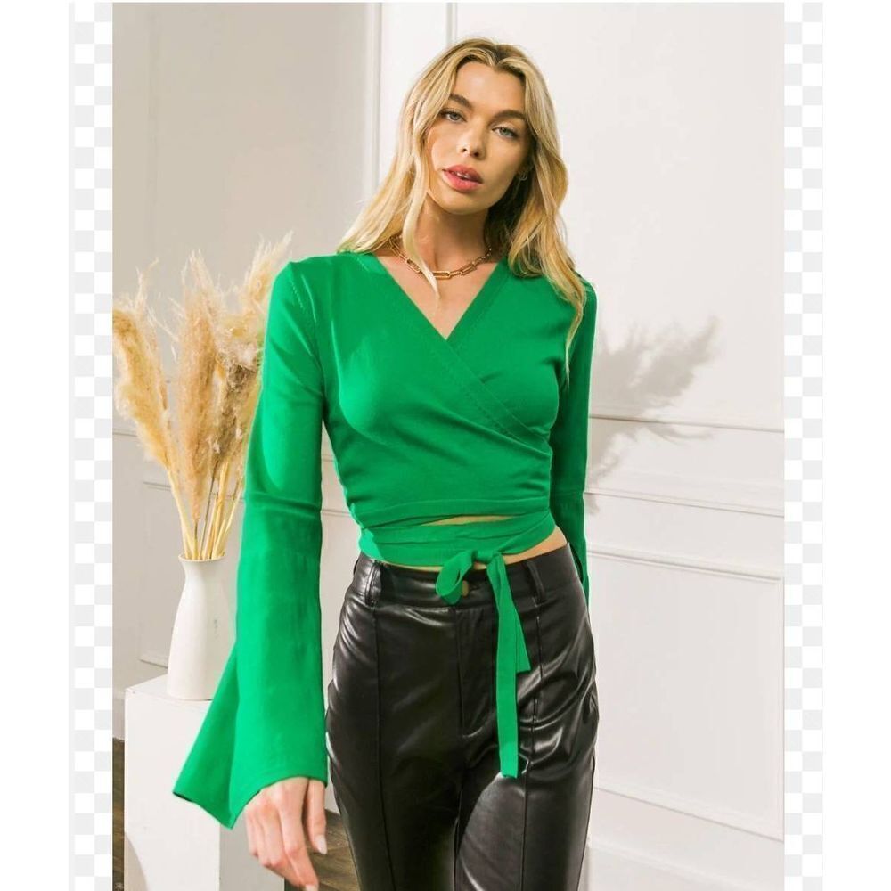 Unique Vintage Jealous Tomato Green Wrap Sweater Crop TopβSize M
